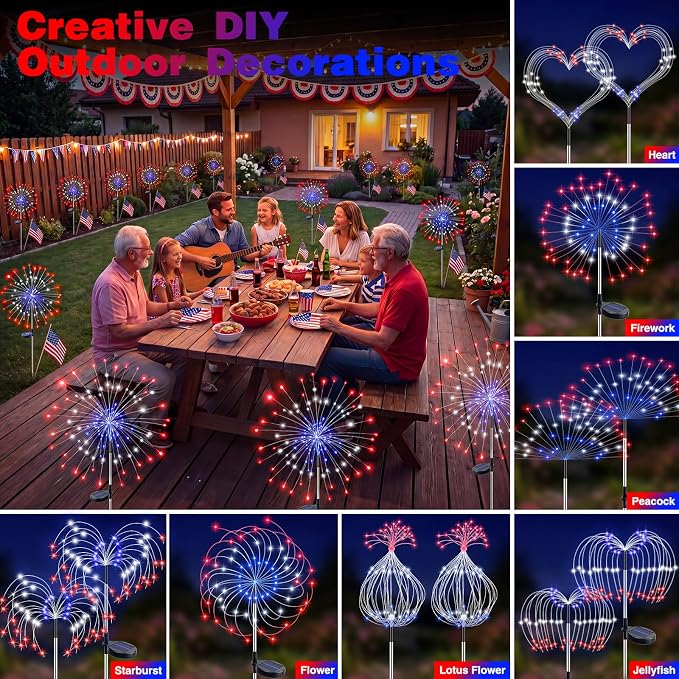 btfarm 4th of July Decorations Outdoor 4 Pack 120LED, Red White Blue Firework Lights Solar Powered, Waterproof Patriotic Garden Light for Independence Day Memorial Day Yard Pathway Lawn Decor