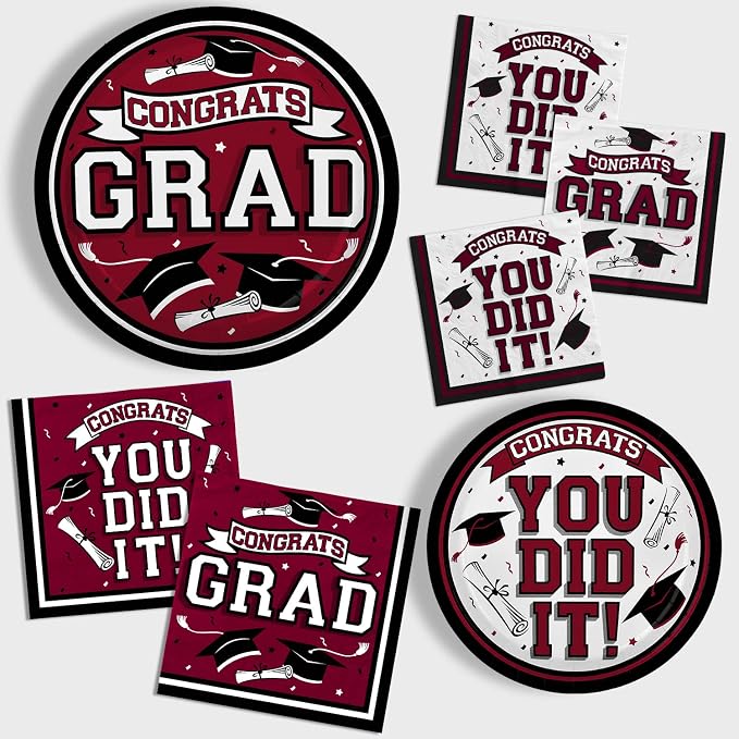 Gatherfun Graduation Party Supplies Dinnerware Set maroon Disposable dinner paper plates dessert paper plates and Napkins for Congrats Grad Party Decorations, Serve 50