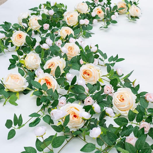 2 PCS 12FT Bendable Flower Garland, Artificial Rose Vine Hanging Floral Garland Decoration for Weding Home Room Wall Decor(Champagne)