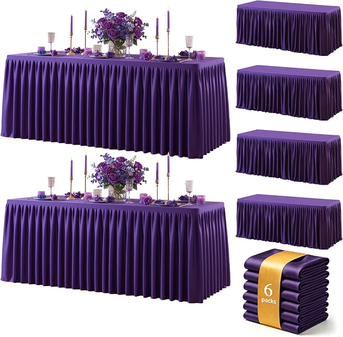 Purple Polyester Table Cloths for Rectangle 6 Foot Tables, 6 Pack Wrinkle Free Tablecloths Stretchy Banquet Ruffle Fitted Table Cover Desk Skirt for Parties Wedding Birthday Baby Shower