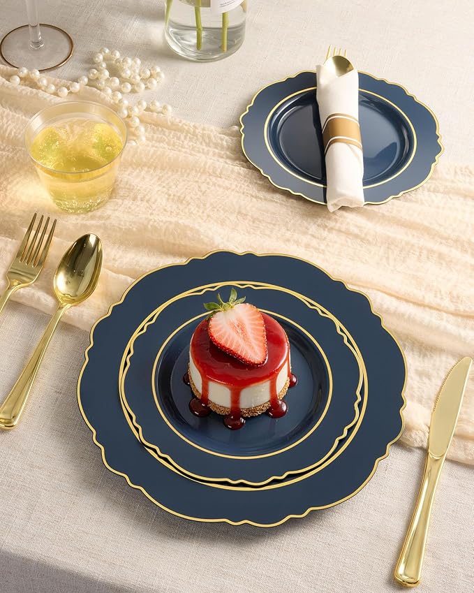 realluck 350 Piece Navy Blue Plastic Dinnerware Set for 50 Guests Elegant Disposable Dinnerware for Weddings, Parties, 100 Plastic Plates, 50 Pre Rolled Napkins with Silverware, 50 Cups