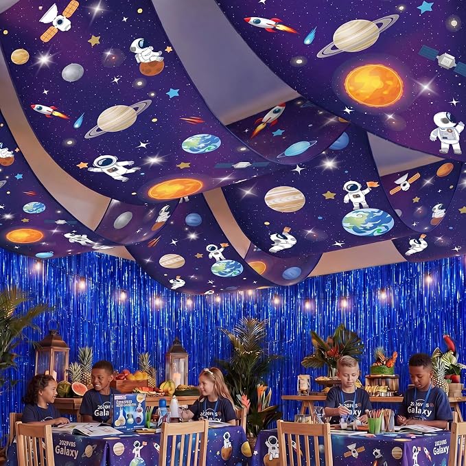 Irenare 5 Pcs Space Ceiling Decorations Planet Galaxy Party Decoration Set Astronaut Star Hanging Banner Dark Blue Tinsel Foil Fringe Curtain with Sparkling Stars for Space Astronaut Birthday Party