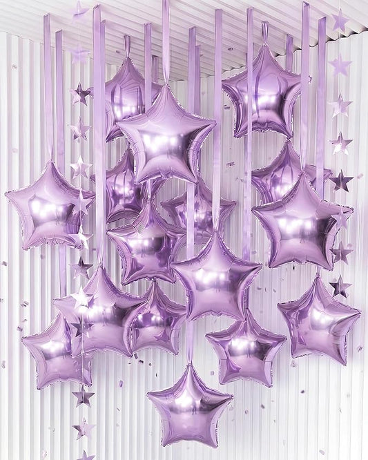 Duraaamo 30 Set Star Foil Balloons Bulk 22 Inch Metallic Star Balloons with Stars Banner and Satin Ribbon for Ceiling Birthday Graduation Ornaments Party Decor (Light Purple)
