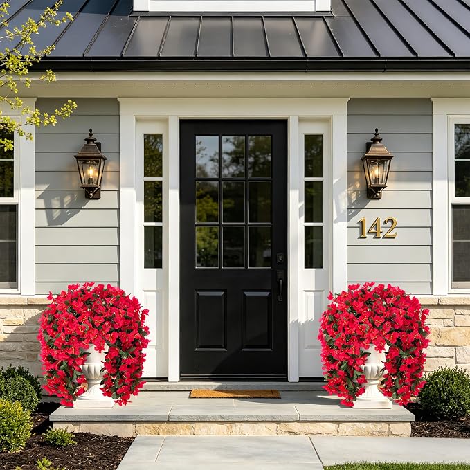 Faux Bougainvillea Artificial Flowers Plants for Outdoor Outside Decoration, 2 PCS Red Fake Flowers UV Resistant Look Real Silk Long Trailing Vines for Front Door Porch Planter Urn Patio Garden Yard