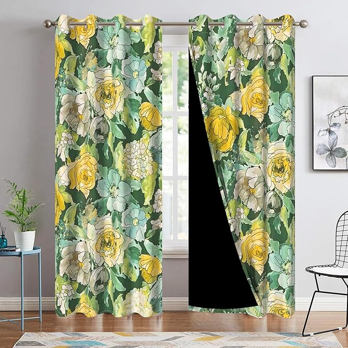 Spring Floral Blackout Window Curtains Vintage Oil Painting Yellow Flowers Room Darkening Light Blocking Window Drapes for Bedroom Living Room Kitchen Decor Grommets Top,26x63 inch,2 Panels