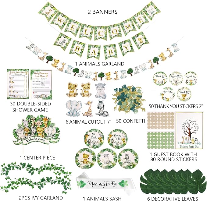 320-Piece Jungle Safari Baby Shower Decorations Kit for Boy or Girl | Gender Neutral Animal Theme Decor with Balloons, Banners, Garland, Fans, Sash, Cake Topper, Games, Stickers, Cutouts, Ivy Vines