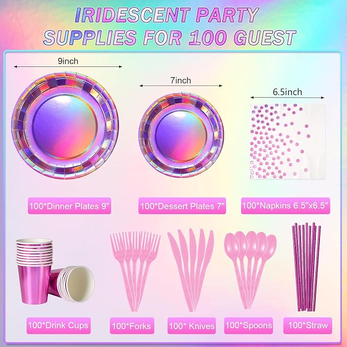 Iridescent Pink Party Supplies Decorations Serve100, Hot Pink Holographic Paper Plates and Napkins Set, Disposable Pink Paper Plates Cups Knives Spoons Fork for Mermaid Disco Kpop Birthday Party Decor