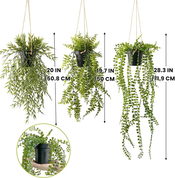 3 Packs 28" Fake Hanging Plants with Black Pots for Wall Decor | Artificial Fern Plants, Indoor/Outdoor Use, for Home Bathroom Bedroom Office Decor, Easy to Clean, Lifelike Appearance