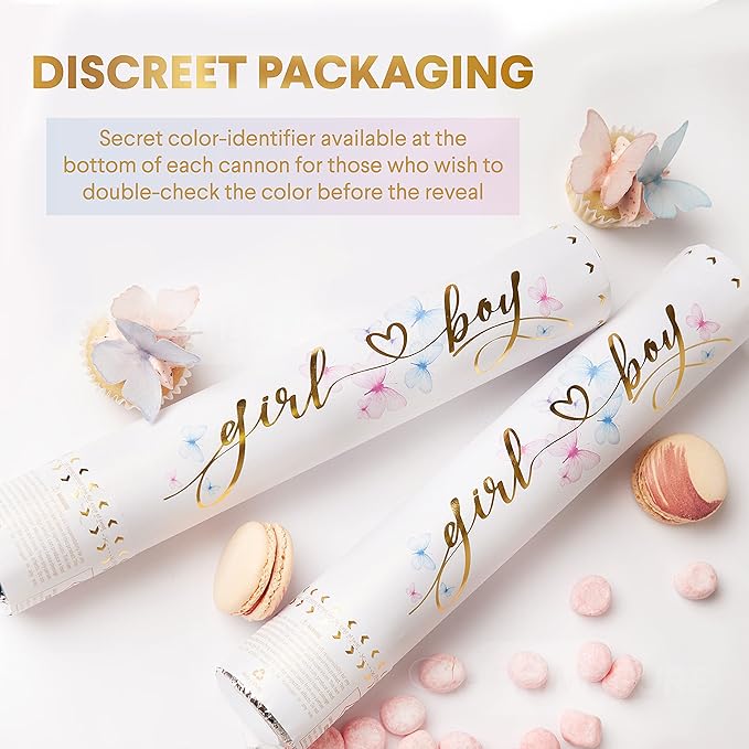 PrimePure Gender Reveal Confetti Cannon - Biodegradable Powder Cannons Smoke Bomb - Pink, 2 Pack - Party Poppers Baby Powder Pink Confetti Poppers for Baby Girl Gender Reveal Party