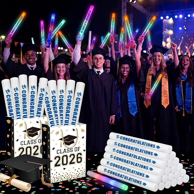 Huquary 50 Pcs Graduation Party Favors LED Foam Light up Sticks Bulk, Glow in The Dark Graduation Party Supplies with 3 Modes Colorful Flashing for Congratulation Grad Celebration Decoration(Blue)