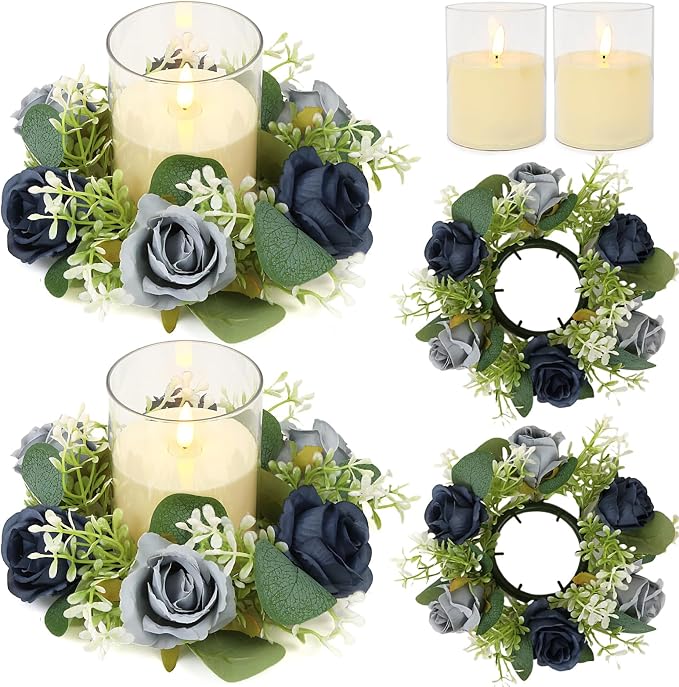Blue Rose Candle Rings with Flameless Candles Sets - 4PCS Artificial Flower Eucalyptus Wedding Centerpiece 3 Inch Pillar Candleholders Wreaths for Wedding Party Decor (Blue - 2 Sets)