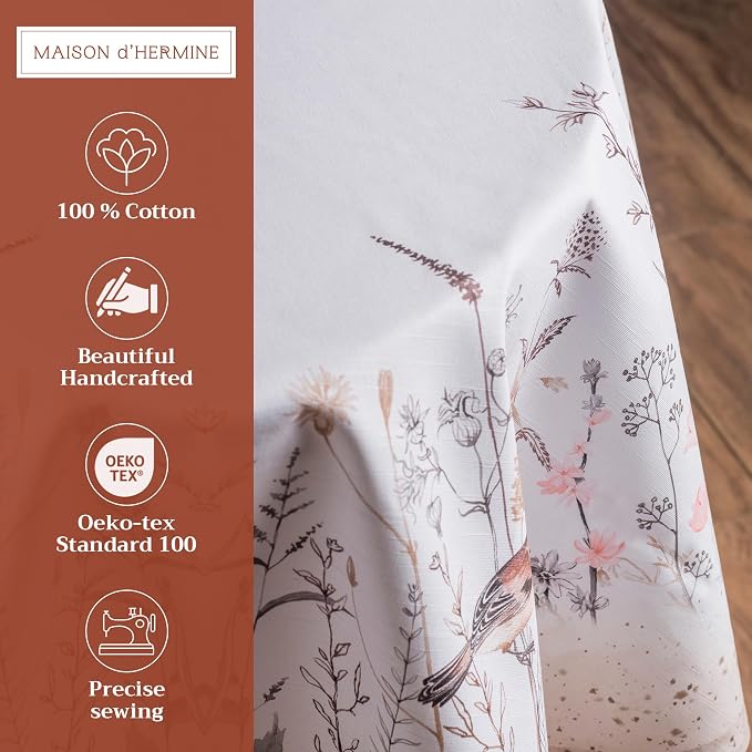 Maison d' Hermine Table Cloth Round Table 100% Cotton 69 Round Inches Tablecloth Reusable Decorative for Dining Kitchen Room Farmhouse Party Home Hotel Restaurant Spring Summer- Meadow Florals - Brown
