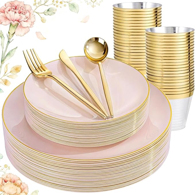 bUCLA 150PCS Pink Plastic Plates - Pink and Gold Disposable Include 25 Each (Dinner & Dessert) Plates, 25 Knives, 25 Forks, 25 Spoons and 25 Cups, Ideal for Party, Wedding & Mother's Day