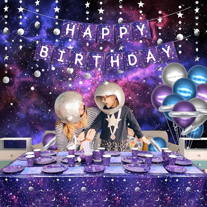 Space Galaxy Party Supplies Tableware Set, Includes Banner, Plates, Cupcake Topper Napkins, Cups,Tablecloth, Balloons, Foil Balloons, for 20 Guests Galaxy Outer Space Theme Birthday Party Decoration