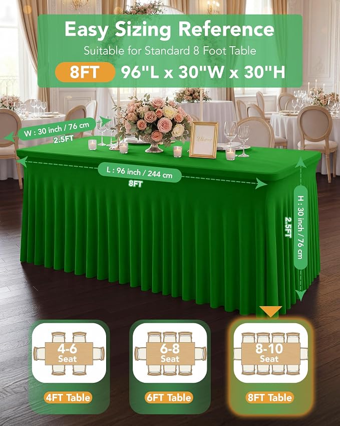 4 Pack Spandex Table Cover Skirts for 8ft Rectangle Tables, Green Stretch Table Cloths with Floor-Length Ruffle, Elastic Fitted Skirted Tablecloth for Elegant Wedding Banquet Party Buffet Decoration
