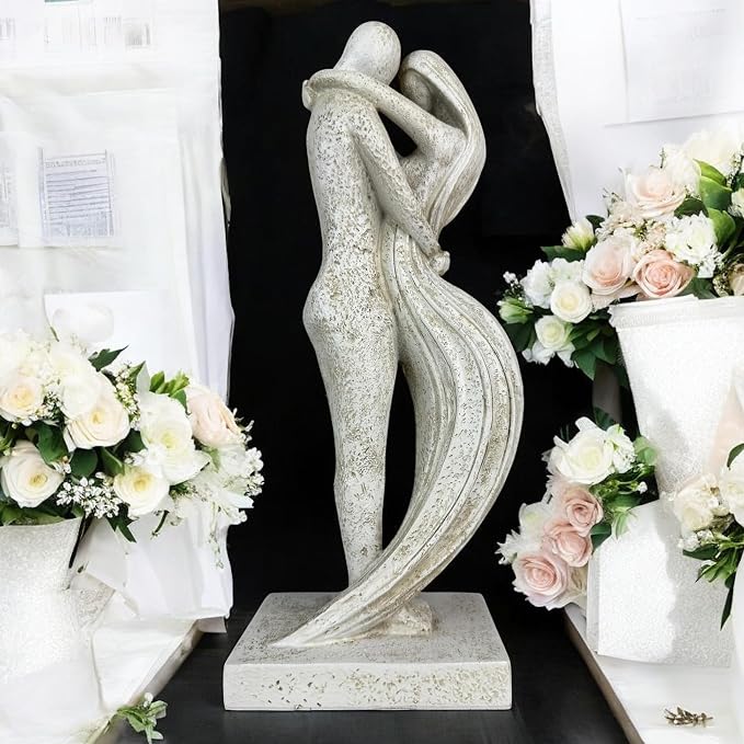 Top Brass Eternal Embrace Romantic Couple Sculpture – 12 1/2” Resin Lovers Statue (Graphite Kiss & Moon-wash Limestone) – Modern Home Décor Wedding Anniversary Love Art (Moon-wash Limestone)