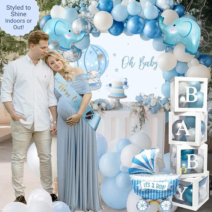 Vidal Crafts 139 PCs Elephant Baby Shower Decorations Boy, Themed Baby Boy Shower Decorations, Complete Party Kit with Elephant Backdrop, Balloon Garland, BABY Boxes & Mom to Be Sash