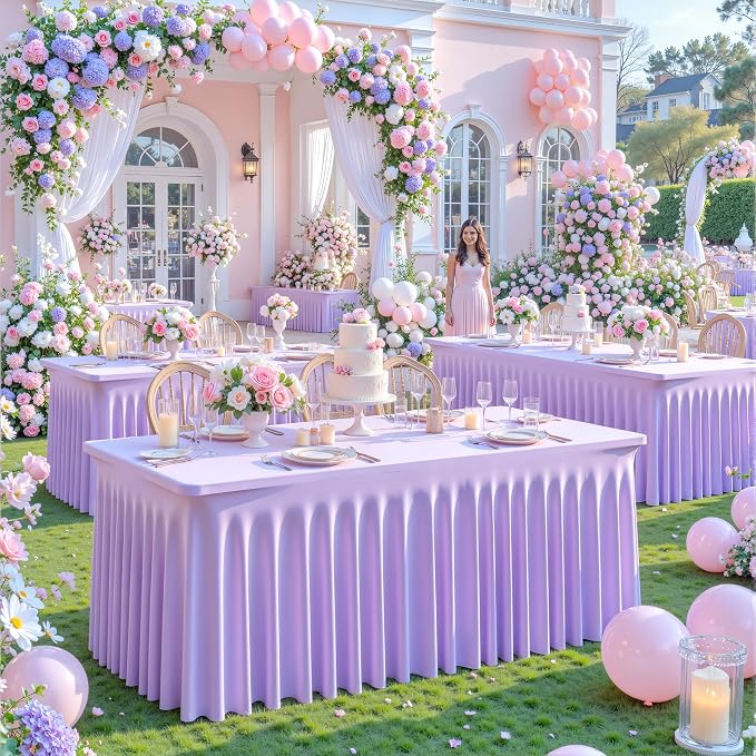 2 Pack Purple Table Cloth for 6 Foot Rectangle Tables Spandex Fitted Tablecloth 6ft Stretch Table Covers Skirt Purple Banquet Tablecloths Wrinkle Free Tablecloth for Party Wedding Birthday Event