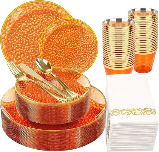 Rubtlamp 175 Pcs Plastic Dinnerware Set (25 Guests), Orange And Gold Plastic Plates, Hammered Party Plates Set Include Dinner Plates, Dessert Plates, Cups&Cutlery Set And Napkins for Wedding And Party