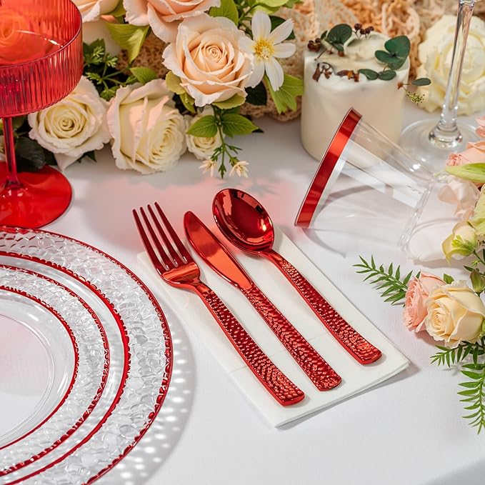 Ciaell 150 PCS Red Plastic Plates – Clear Hammered Disposable Plates with Red Rim include 50Plates, 25Forks, 25Knives, 25Spoons, 25Cups for Wedding & Party & Anniversary & Mother's Day