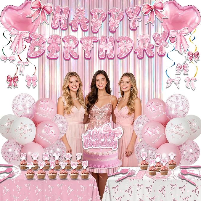 266Pcs Pink Bow Party Birthday Decorations - Party Supplies Included Foil Fringe, Banner, Tablecloth, Hanging Swirls, Cupcake Toppers, Tableware, Paper Towel, Latex and Love Heart Balloons (Pink Bow)