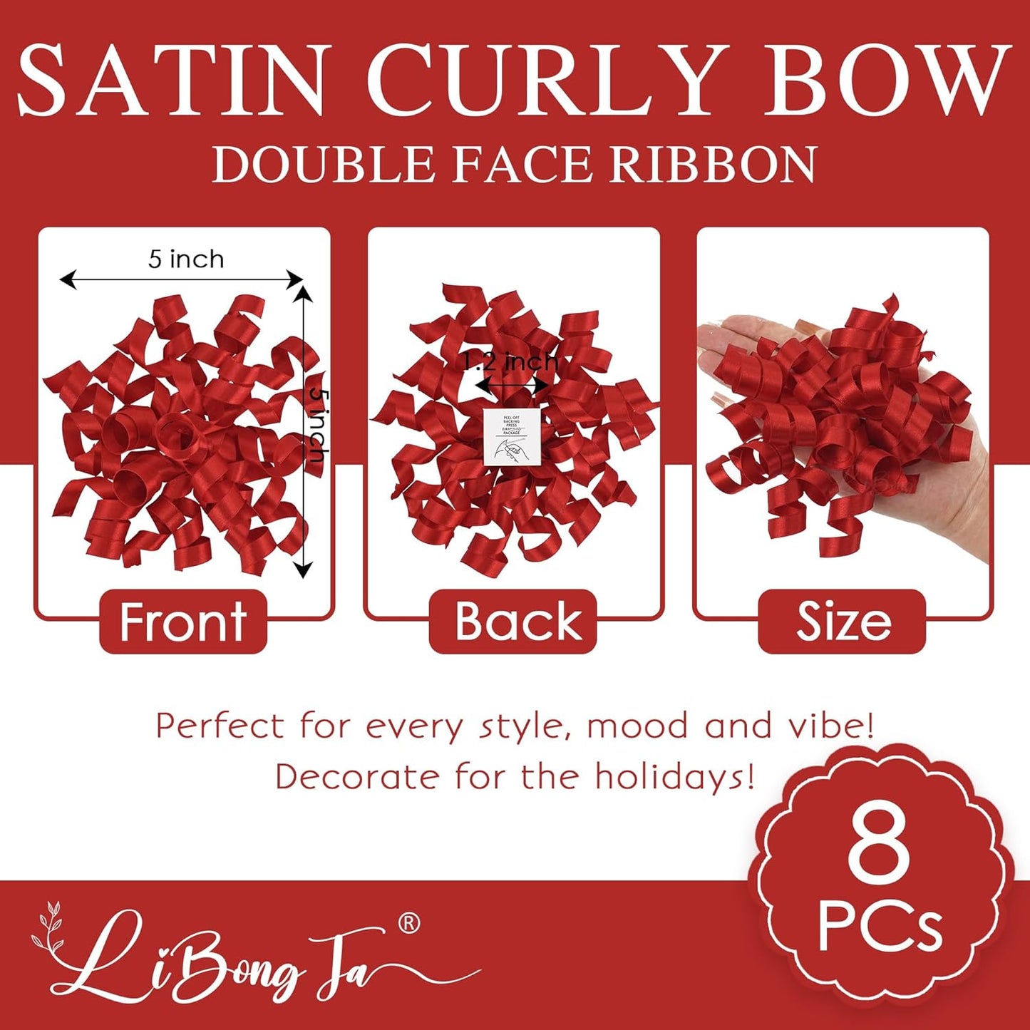 5 Inch Red Bows Curly Ribbon Bows for Gift Wrapping, Satin Bows with Double-Sided Tape, Self Adhesive Bows for Party, Wedding, Birthday Decor, Premade Bows for Crafts, Wine Glasses-8 Counts