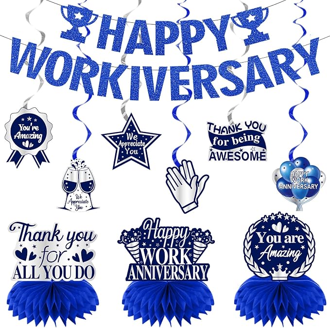 Zirtorei Happy Workiversary Decorations for Men Employee, 11pcs Blue Silver Work Anniversary Banner Party Supplies, Workiversary Honeycomb Centerpieces Hanging Swirls Business Gift for Office