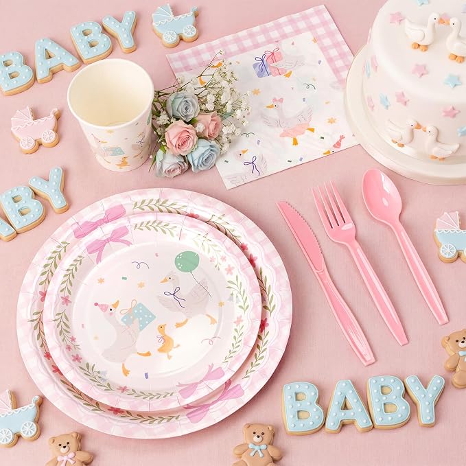 Ziliny 350 Pcs One Silly Goose Baby Shower Decoration One Silly Goose Birthday Decoration Paper Plates Napkins Tableware for Gender Reveal Newborn Birthday Party Serves 50 Guests