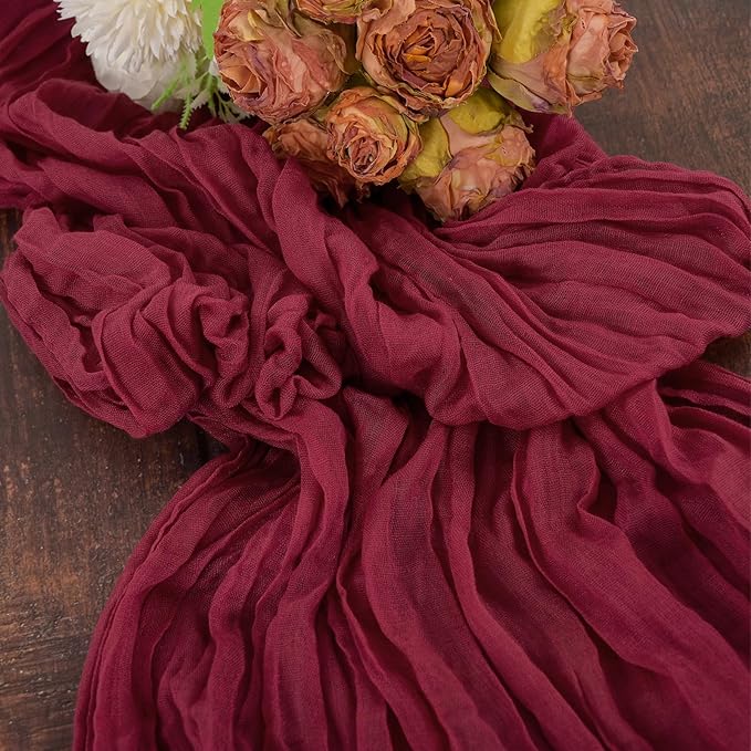 24 Pack Burgundy Cheesecloth Table Runners,10FT Boho Gauze Table Runner,35x120inch Rustic Table Runner for Wedding Party Bridal Shower Thanksgiving Christmas Boho Table Decoration