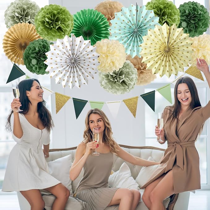 Sage Green Party Decorations Retro Green Paper Fan Birthday Baby Shower Tissue Pom Poms Streamers Bachelorette Party Supplies Tassel Garland Banner Wedding Decor