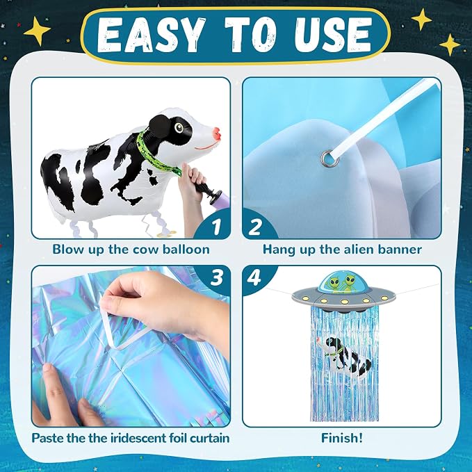 Alien Door Curtains with Tinsel Foil Fringe Curtain Cow Balloon Alien Spacecraft Party Decorations UFO Spacecraft Birthday Decorations Flying Saucer Spaceship Hanging Banner for Space Halloween Party