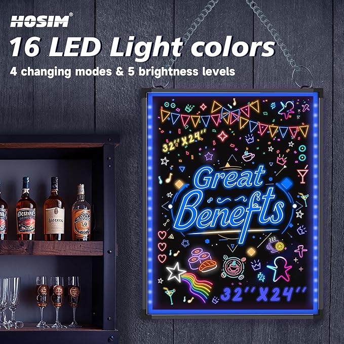 Hosim 32"x24" LED Message Writing Board, Neon Sign for Business & Restaurants, Illuminated Erasable Menu Board, 8 Colors Markers & 16 Lighting Colors, Flashing Light Up Display for Bar, Party, Wedding