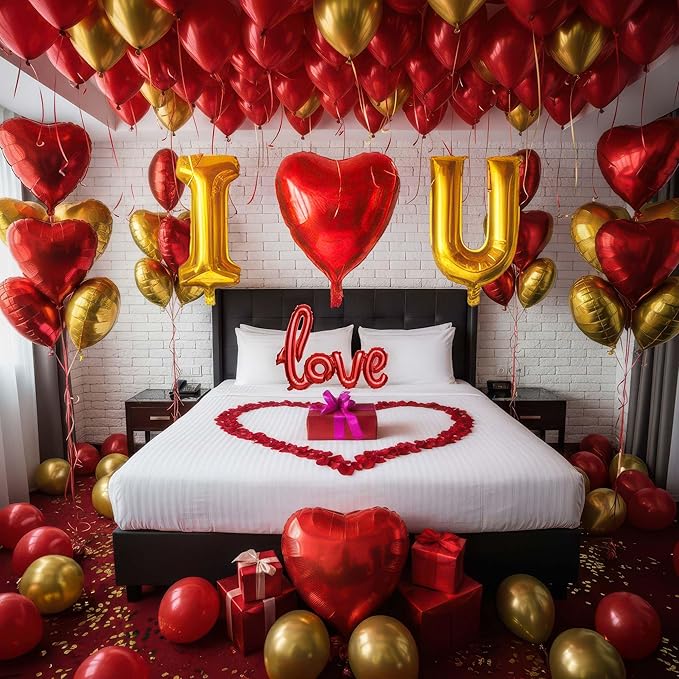 I Love You Balloons for Him/Her Balloons Red gold romantic balloon kit with Red heart LOVE mylar balloons Red rose petals for hotel Decorations Valentines Party wedding anniversary supplies