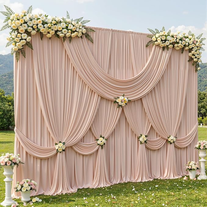 10ftx12ft Wrinkle Free Nude Backdrop Curtain, 6 Panels 12FT Long Wedding Photo Backdrop Drapes, Silky Polyester Back Drop Cloth for Birthday Photography Background Party Backdrop Draping