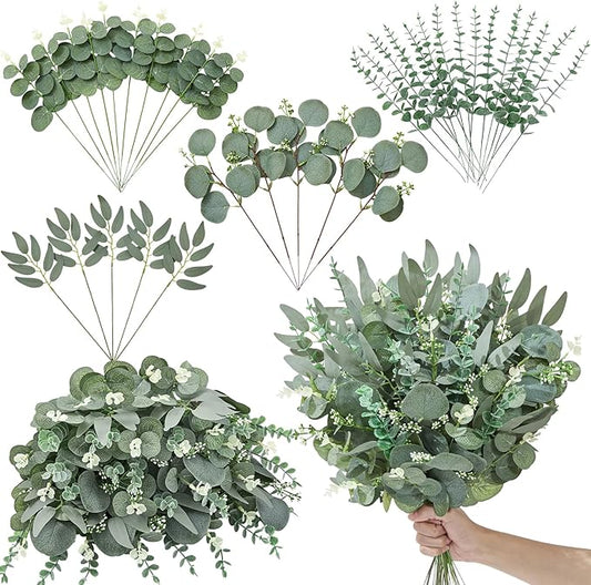 Serwalin 35pcs Artificial Mixed Eucalyptus Stems Leaves Bulk, 4Kinds Fake Greenery Silver Dollar Eucalyptus Leaves Picks,Faux Greenry Stems Sprays for DIY Bouquets Floral Arrangement Home Decor