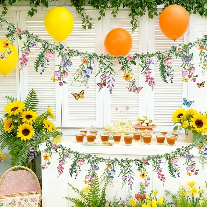 SUNBEAUTY Wildflower Banner 2 Pcs Garden Party Flower Spring Summer Reusable Waterproof Garland 9.8FT for Enchanted Garden Woodland Tropical Wedding Baby Shower Birthday Tea Supplies Girl Decorations