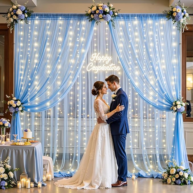 10×15ft Baby Blue Sheer Tulle Backdrop Curtains with Lights String for Parties Baby Shower Decorations for Boy Bridal Shower Birthday Party Photo Shoot Background Wall Decorations 2 Panels 5×15ft