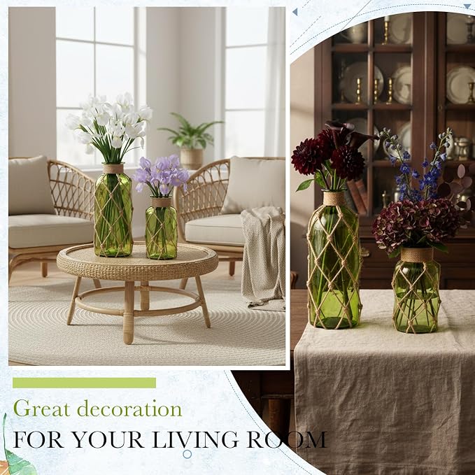 Chuangdi Set of 2 Coastal Glass Vases for Flowers TSITP Flower Vase with Boho Rope Small Sea Glass Jar Nautical Beach Bottle for Wedding Table Centerpieces Floral Arrangement Decor(Olive Green)