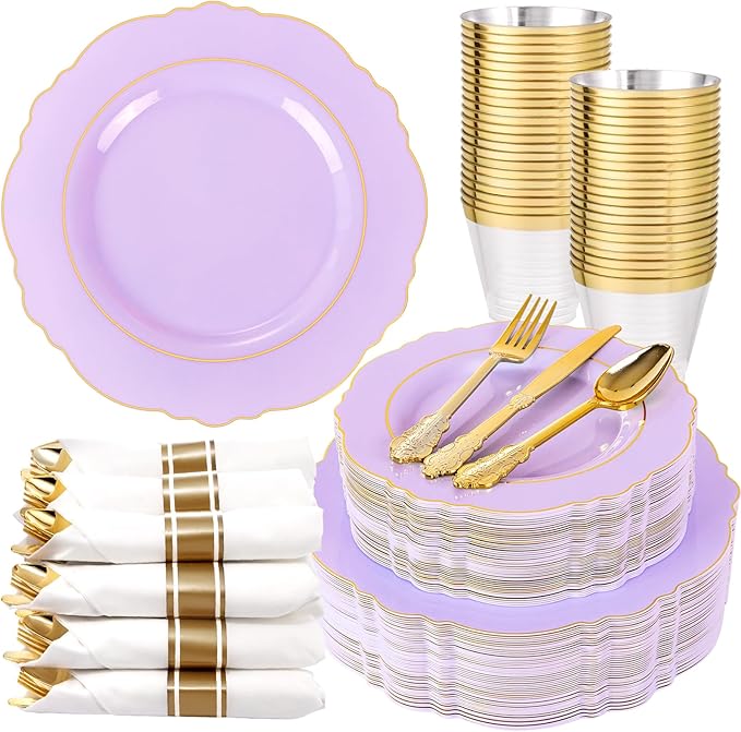 Liacere 350PCS Purple Plastic Plates - Disposable Lavender Plates 50guest Plastic Dinnerware include 100Light purple Plates,50Pack Pre Rolled Napkins Silverware 50Cups for Wedding & Mothers Day