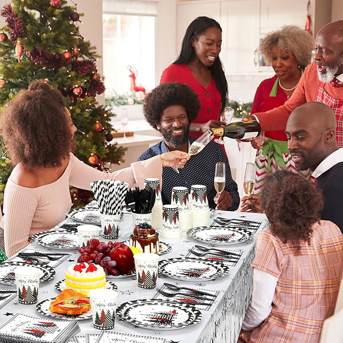 Funnymoom 452 Pcs Christmas Tree Party Supplies for 50, Black Buffalo Plaid Gingham Christmas Paper Plates Napkins Cups Tablecloth Cutlery Straws Tableware Set for Xmas Holiday Party Decorations