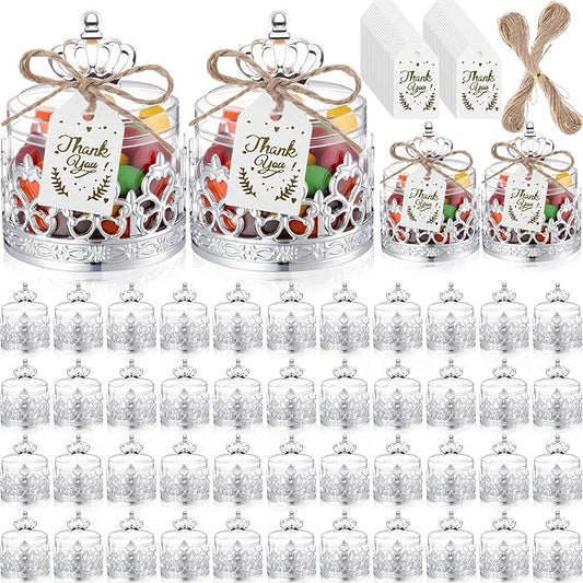 Jingmore 30 Sets Mini Crown Candy Boxes with Thank You Tags and Twine Plastic Candy Storage Boxes for Wedding Baby Shower Princess Birthday Party Supplies(Sliver and Clear,Crown Style)