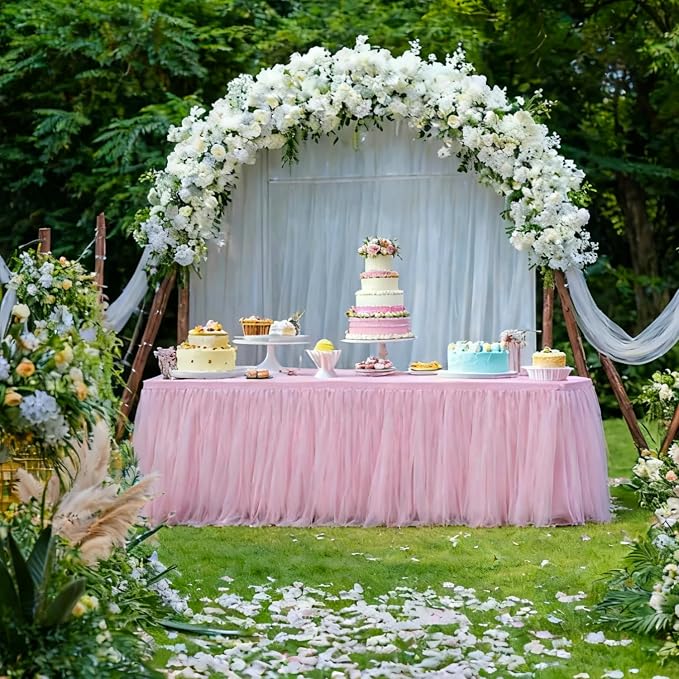 1-Pack Pink 2-in-1 Tulle Tablecloth for 6-Foot Rectangular Table – Stretch Fitted Table Skirt & Cover for Baby Shower, Bridal, Birthday, Princess Party