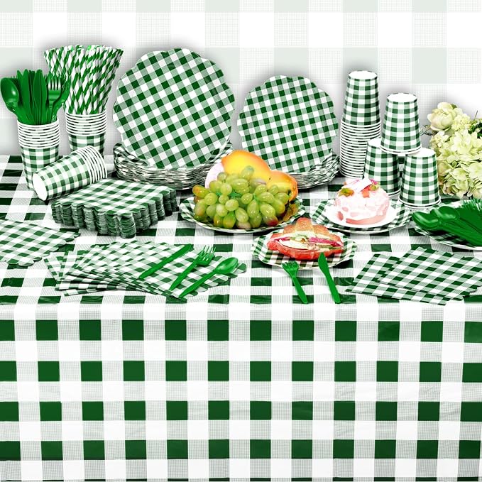 Funnymoom 452 Pcs Green Gingham Party Supplies for 50, Dark Green Plaid Checkered Paper Plates Napkins Cups Tablecloth Cutlery Straws for Holiday Birthday Baby Shower Party Decoration