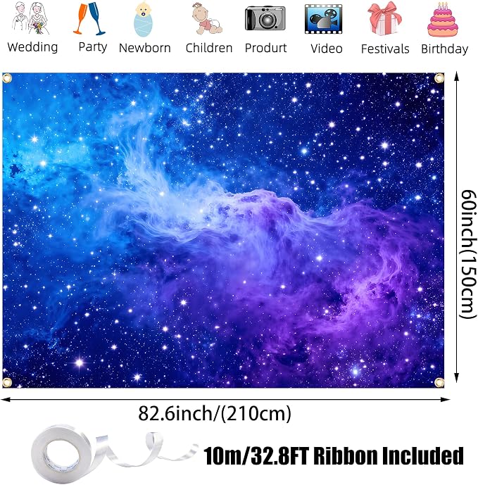Galaxy Backdrop 7x5ft Starry Sky Universe Space Nebula Photo Background – Cosmic Galaxy Wall Hanging for Bedroom Decor & Party Decorations with Ribbon, Polyester Fabric