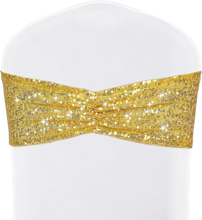 SquarePie Pack of 10 Sequin Chair Sashes Gold Glitter Decorative Bows Bands for Wedding Banquet Party Decor