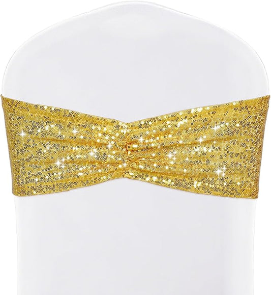 SquarePie Pack of 10 Sequin Chair Sashes Gold Glitter Decorative Bows Bands for Wedding Banquet Party Decor
