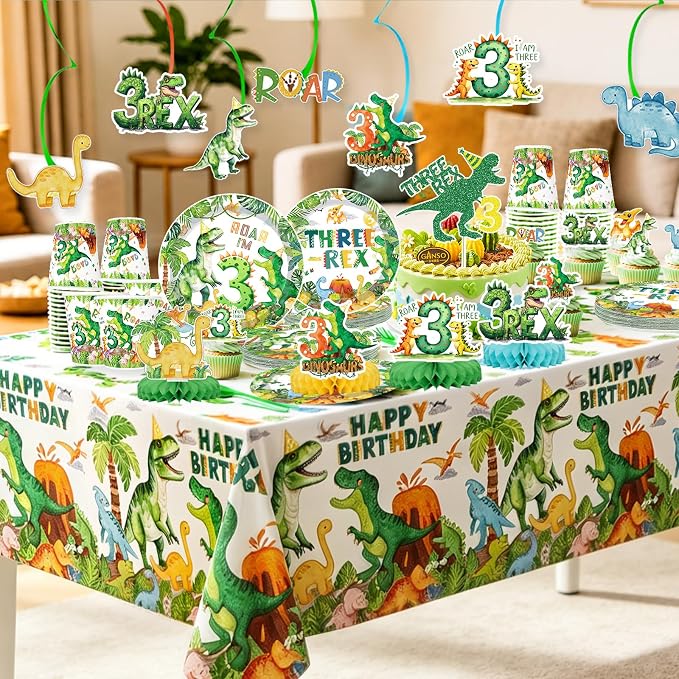 Three Rex Bday Decorations for Boys Dinosaur 3rd Bday Party Supplies Pre-strung Banners T-rex 3 Rex Dino Tableware Honeycomb Centerpieces Talbelcoth Hanging Swirls Cupcake Topper Balloons Serve 25