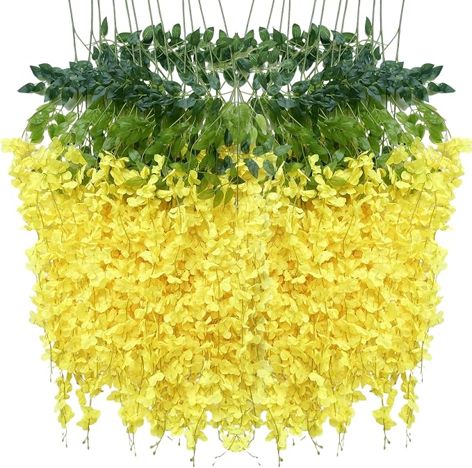Artificial Wisteria Hanging Flowers Fake Wisteria Flower Garland Silk Vines Rattan Decor for Home Wedding Arch Wall Garden Greenery Bedroom Outdoor Office Party Decoration(24, Yellow)