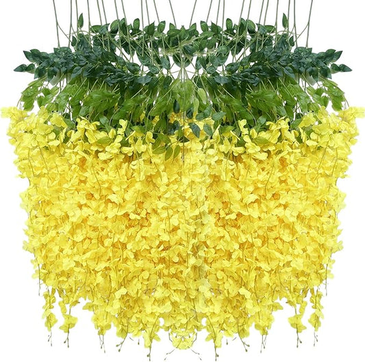 Artificial Wisteria Hanging Flowers Fake Wisteria Flower Garland Silk Vines Rattan Decor for Home Wedding Arch Wall Garden Greenery Bedroom Outdoor Office Party Decoration(24, Yellow)