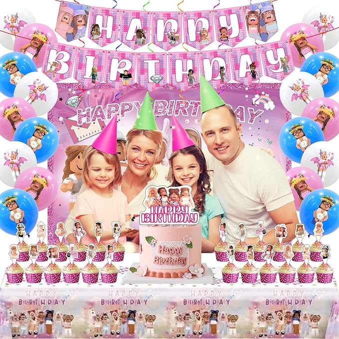 Birthday Party Supplies - Theme Children's Party Decorations Included 18-Balloons, 1-Backdrop, 1-Banner, 6-Hanging Swirls, 1-Tablecloth, 24-Cupcake Cake Toppers